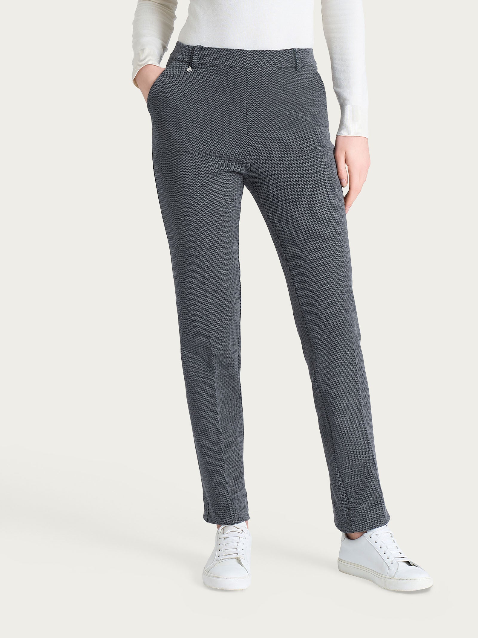 Pantalone dritto con tasche e fantasia a spina di pesce in Eco Jacquard  Neri Donna - Ragno