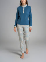Pigiama lupetto con fantasia tartan in Interlock di cotone Azzurri Donna - Ragno
