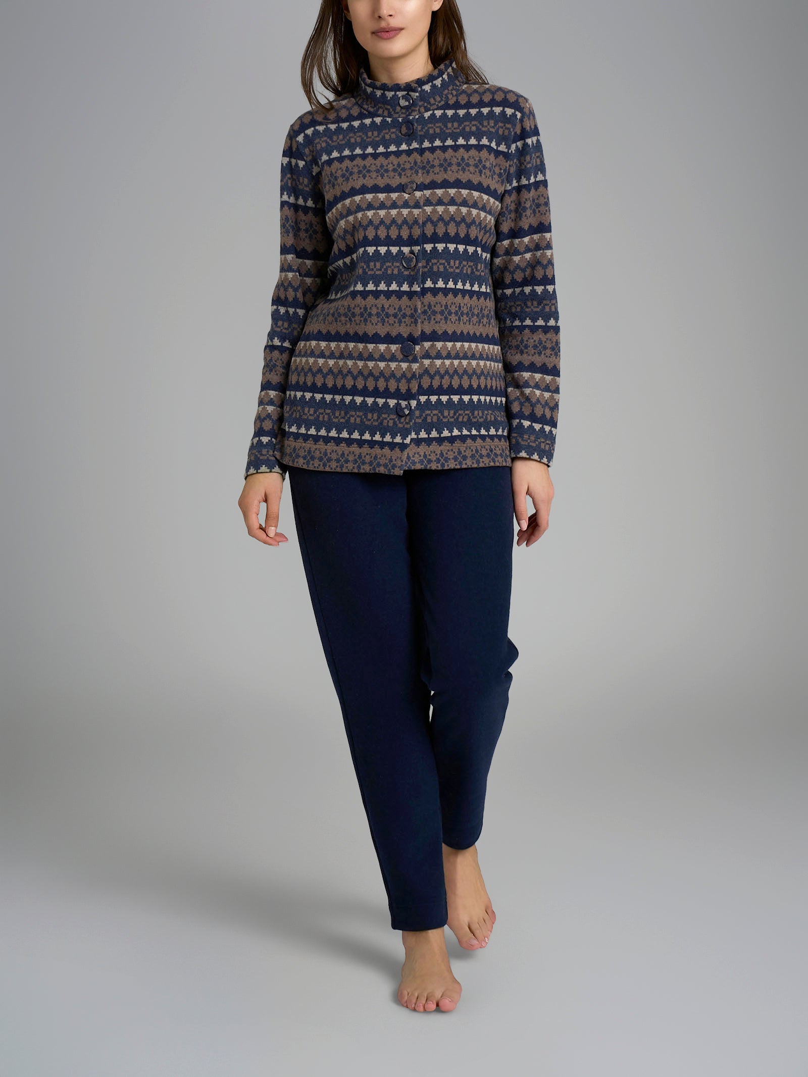 Pigiama aperto con fantasia in Cotton Eco Pile Blu Donna - Ragno