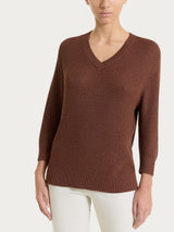 Maglia con scollo a V in Lurex Rice Stitch Marroni Donna - Ragno