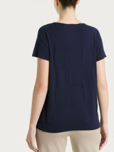 Blauer Damen-Kurzarmpullover mit Karomuster aus reiner Baumwolle - Ragno