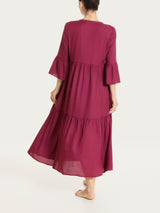 Rotes Musselin Slub Langes Kleid mit Rüschen - Ragno