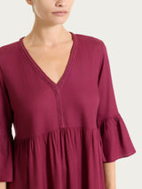 Rotes Musselin Slub Langes Kleid mit Rüschen - Ragno