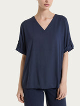 Blusa con scollo a V e manica risvoltabile in Voile Stretch Blu Donna - Ragno
