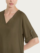 Blusa con scollo a V e manica risvoltabile in Voile Stretch Verdi Donna - Ragno