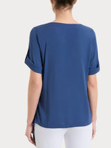 Blusa con scollo a V e manica risvoltabile in Voile Stretch Blu Donna - Ragno
