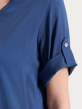 Blusa con scollo a V e manica risvoltabile in Voile Stretch Blu Donna - Ragno