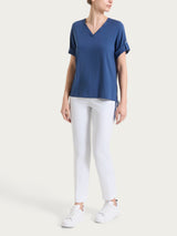 Blusa con scollo a V e manica risvoltabile in Voile Stretch Blu Donna - Ragno