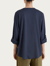 Blusa a serafino con manica risvoltabile in Voile Stretch Blu Donna - Ragno