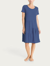 Vestito corto con balze asimmetriche in Slub Jersey di Cotone Blu Donna - Ragno