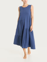 Vestito lungo con balze asimmetriche in Slub Jersey di Cotone Blu Donna - Ragno