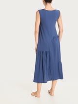 Vestito lungo con balze asimmetriche in Slub Jersey di Cotone Blu Donna - Ragno