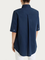 Camicia con collo a serafino in Poplin di cotone Blu Donna - Ragno