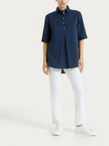 Camicia con collo a serafino in Poplin di cotone Blu Donna - Ragno