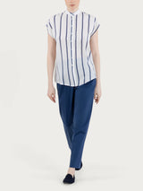 Camicia a righe spaziate e manica corta in EcoSeta Blu Donna - Ragno
