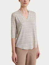 Maglietta con scollo a V e righe orizzontali alternate in Viscosa Summer Bianchi Donna - Ragno