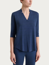 Maglietta con scollo a V e righe orizzontali alternate in Viscosa Summer Blu Donna - Ragno
