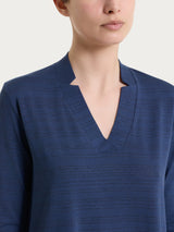 Maglietta con scollo a V e righe orizzontali alternate in Viscosa Summer Blu Donna - Ragno