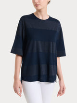 Maglietta girocollo con macro righe in Summer Light e Lurex Blu Donna - Ragno