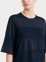 Maglietta girocollo con macro righe in Summer Light e Lurex Blu Donna - Ragno