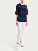 Maglietta girocollo con macro righe in Summer Light e Lurex Blu Donna - Ragno