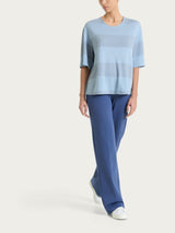 Maglietta girocollo con macro righe in Summer Light e Lurex Azzurri Donna - Ragno