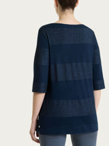Maglietta con scollo a barchetta e macro righe in Summer Light e Lurex Blu Donna - Ragno