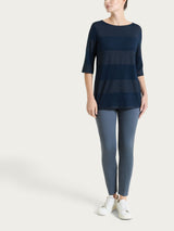 Maglietta con scollo a barchetta e macro righe in Summer Light e Lurex Blu Donna - Ragno