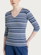 Sommer Viskose T-Shirt mit V-Ausschnitt und abwechselnden Streifen Blau Women - Ragno