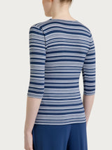 Sommer Viskose T-Shirt mit V-Ausschnitt und abwechselnden Streifen Blau Women - Ragno