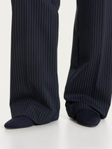 Women's Blue Jacquard Pinstriped Palazzo Pants with Pockets - Ragno