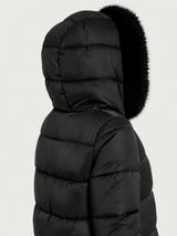 Satin Puffer piumino con cappuccio e dettagli effetto fuzzy Neri Donna - Ragno