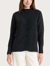 Strickjacke mit V-Ausschnitt und Reisstich aus Lurex Soft Wool, Nero, für Damen – Ragno