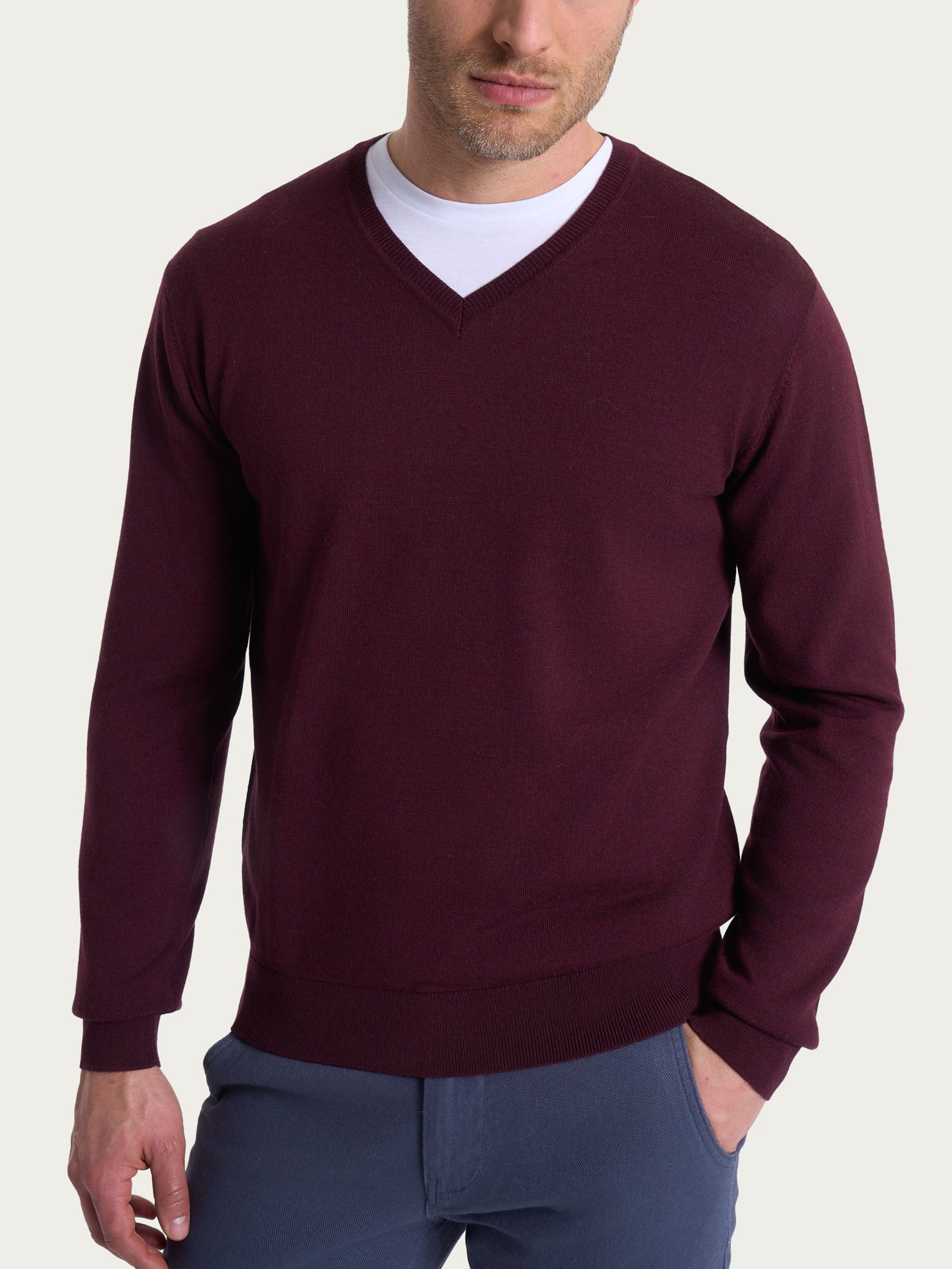 Pull con scollo a V in maglia unita in Merino Soft Viola Uomo - Ragno