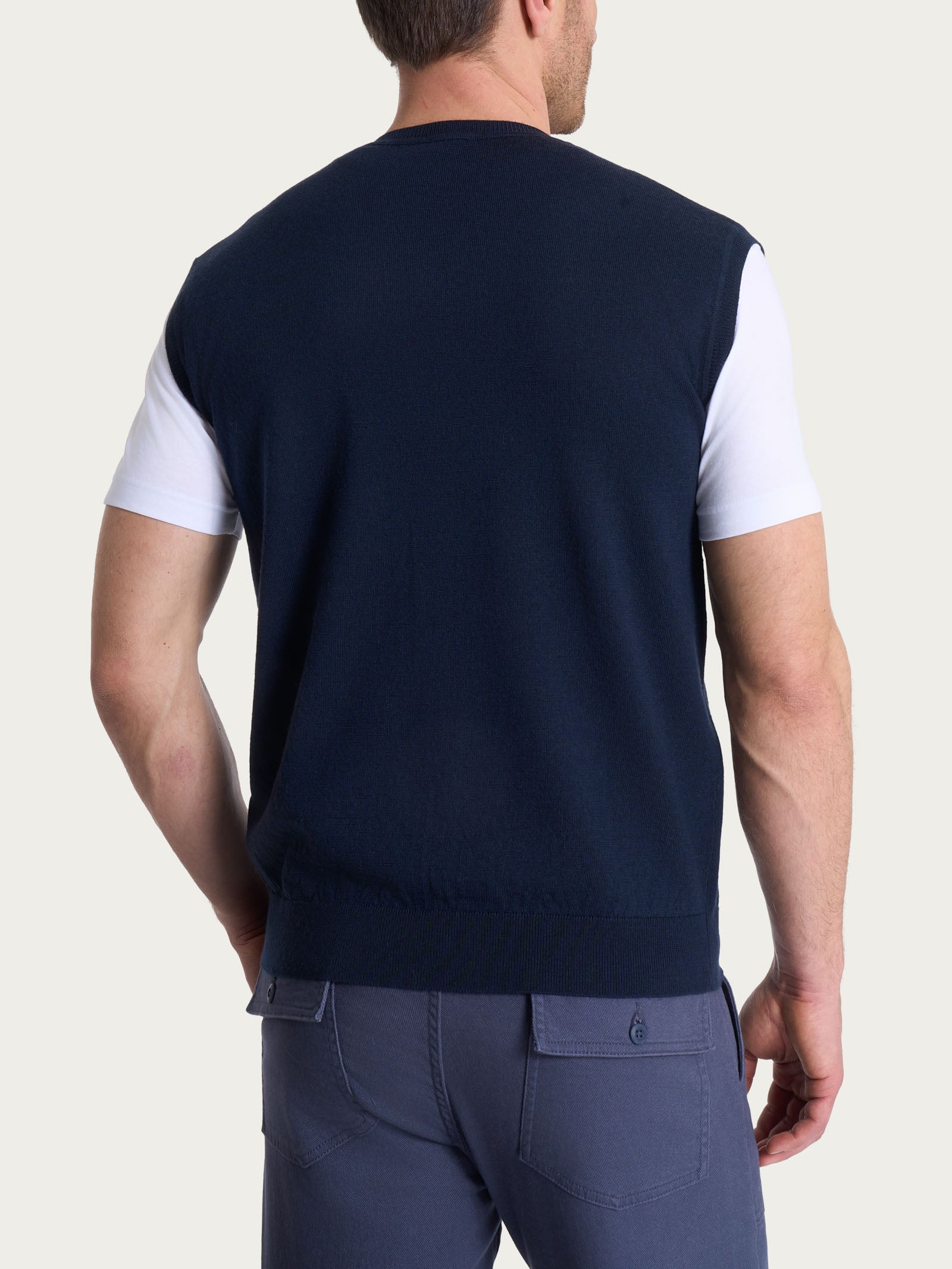 Pull smanicato con scollo a V in maglia unita in Merino Soft Blu Uomo - Ragno