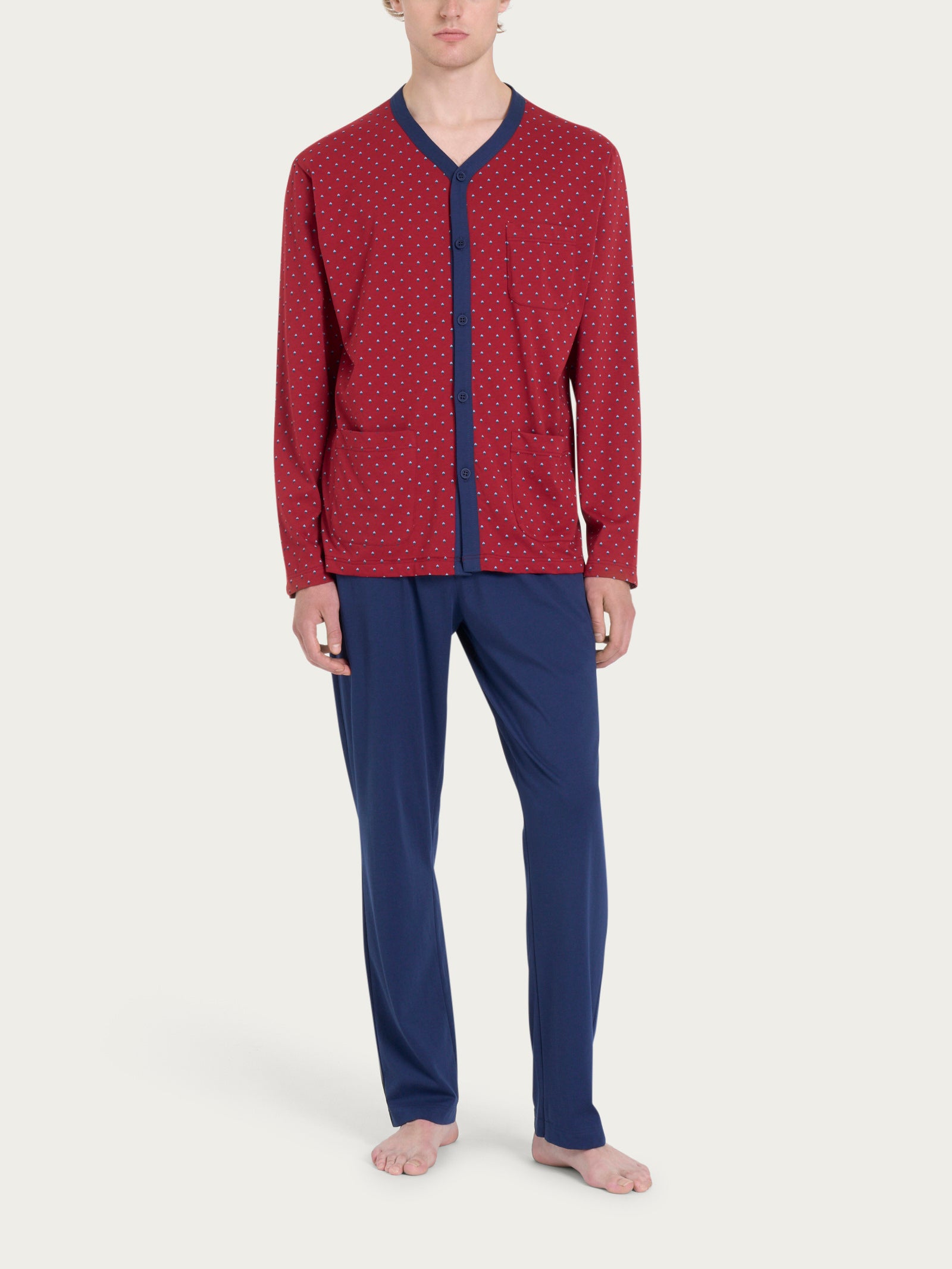 Pigiama lungo aperto con stile geometrico in Jersey di Cotone 58