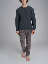 Pigiama a serafino con fantasia tartan in Cotton Eco Pile Neri Uomo - Ragno