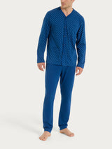 Pigiama aperto con micro rombi in Jersey di Cotone 44-56 Blu Uomo - Ragno