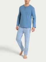 Pigiama tartan a serafino in Jersey di Cotone Blu Uomo - Ragno