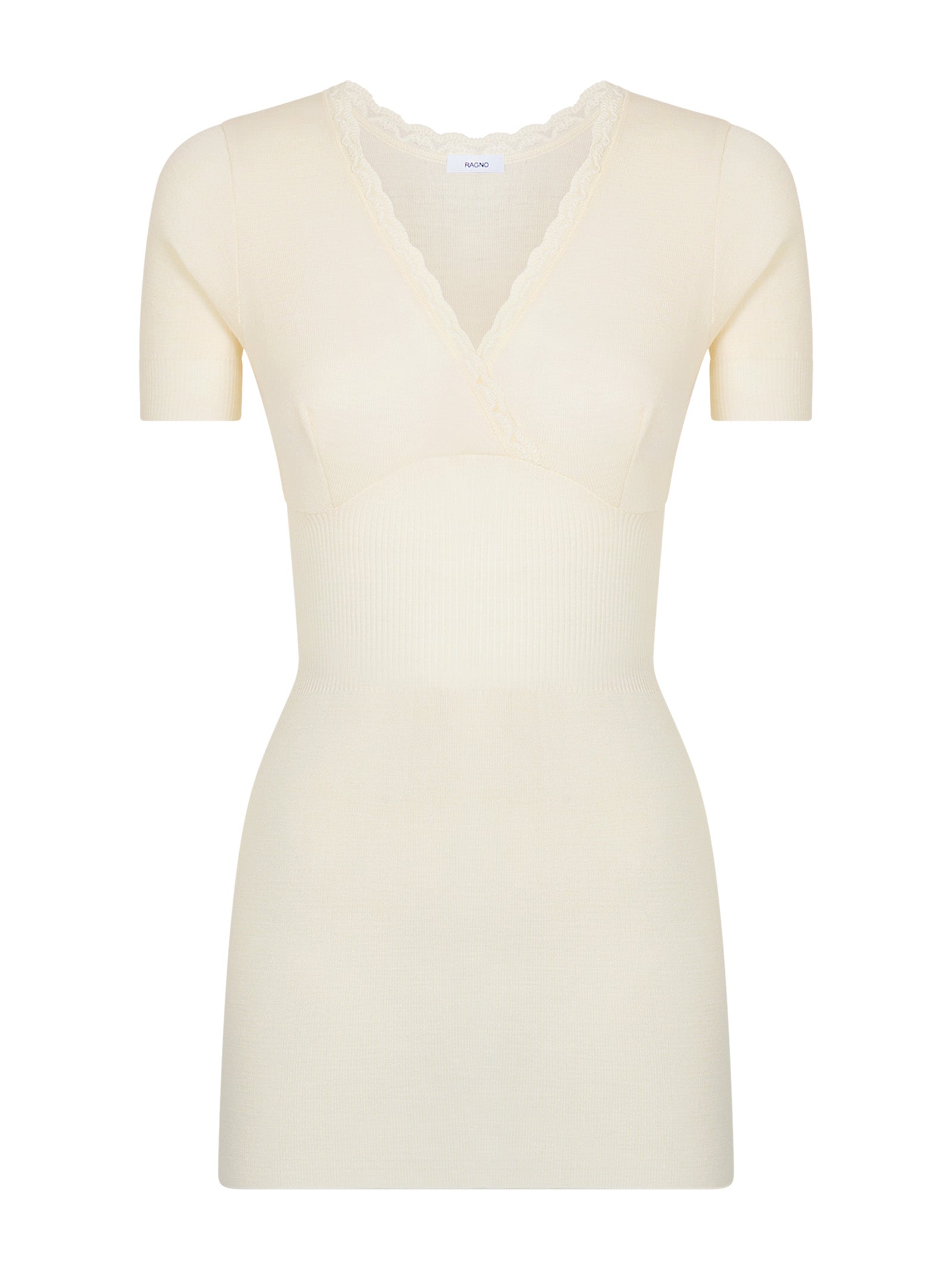Pura Lana - Maglietta a manica corta in lana di peso medio con pizzo Bianchi Donna - Ragno