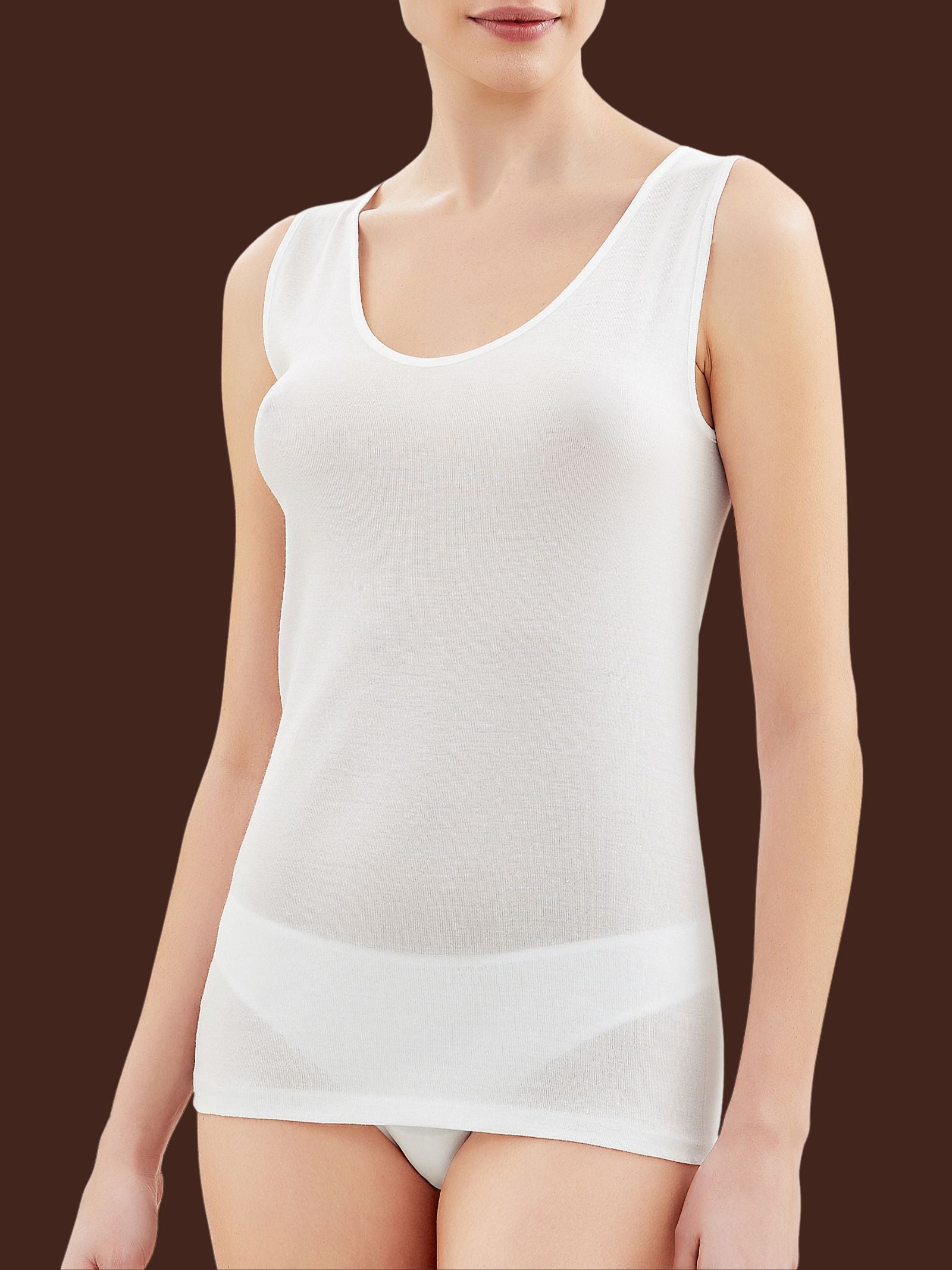 Filo di Scozia - Canottiera spalla larga in maglia unita di Filo di Scozia Bianchi Donna - Ragno