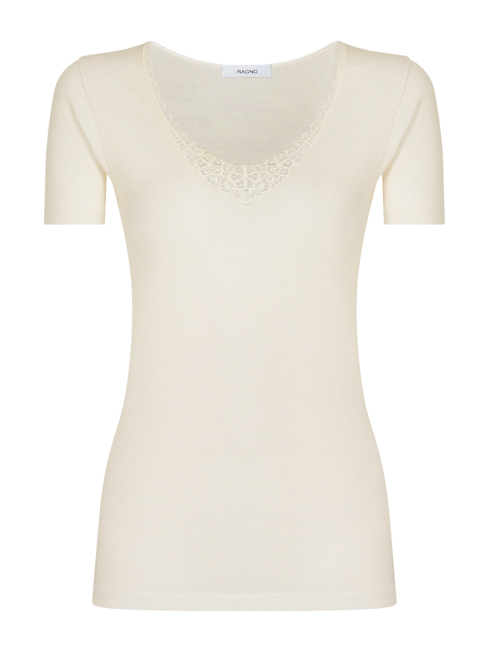 Sintonia Luxury - Maglietta a manica corta lana fuori e cotone sulla pelle con pizzo Bianchi Donna - Ragno