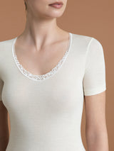 Pura Lana - Maglietta a manica corta in lana di peso medio con pizzo Bianchi Donna - Ragno