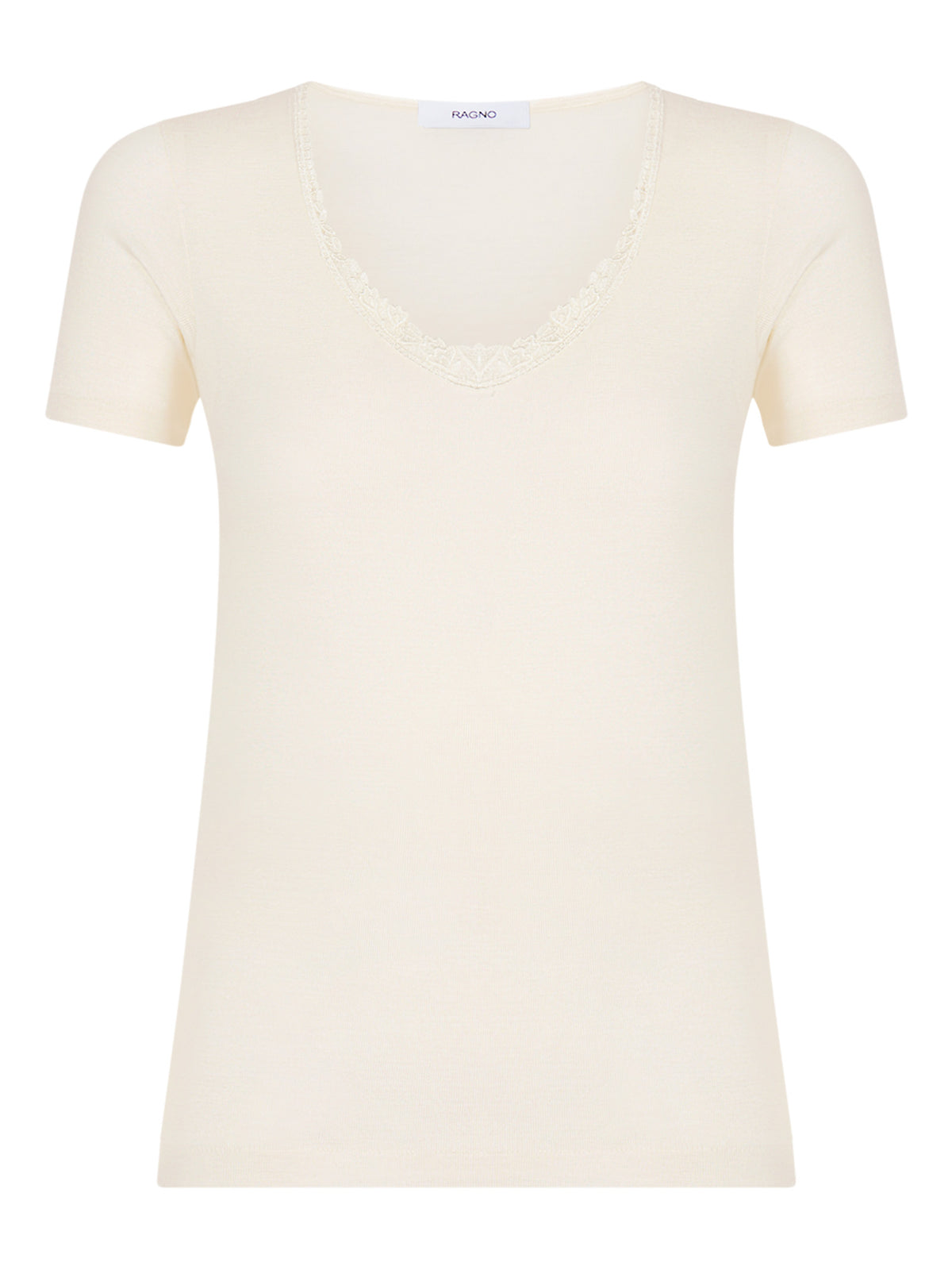Pura Lana - Maglietta a manica corta in lana di peso medio con pizzo Bianchi Donna - Ragno