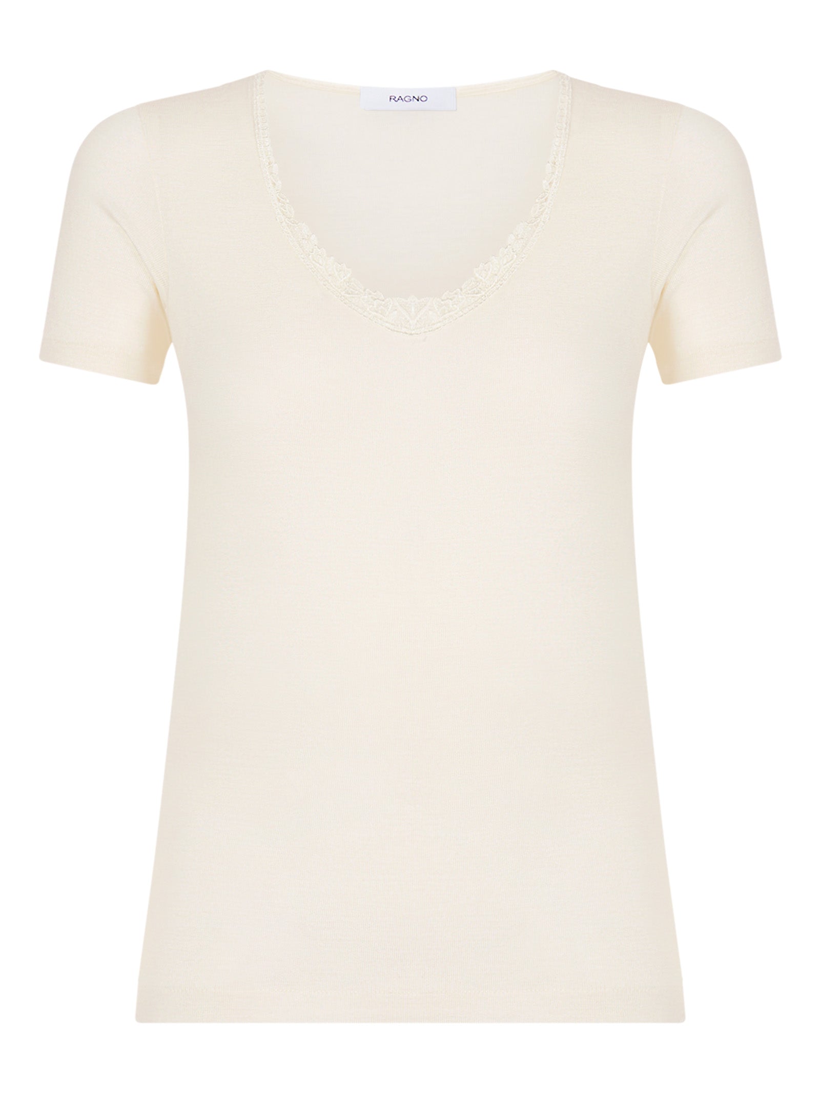 Pura Lana - Maglietta a manica corta in lana di peso medio con pizzo Bianchi Donna - Ragno