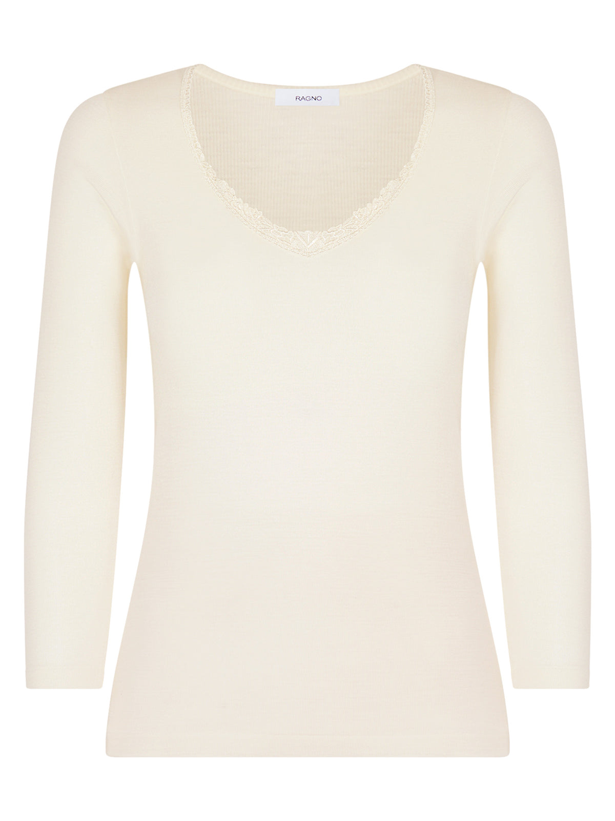 Pura Lana - Maglietta a manica lunga in lana di peso medio con pizzo Bianchi Donna - Ragno