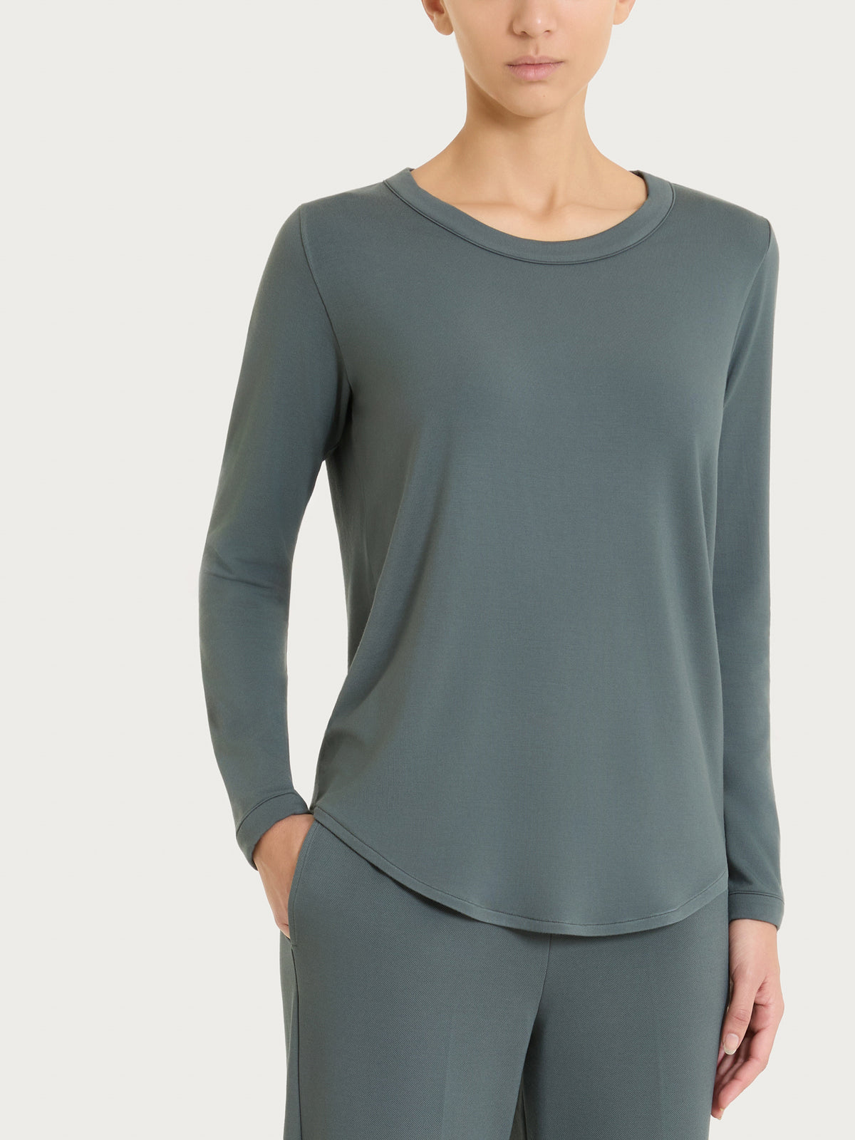 Women's Gray Long-Sleeve Crew-Neck T-Shirt in Winter Stretch Viscose Jersey - Ragno