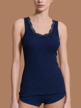 Lana Seta - Canottiera spalla larga in costina di lana e seta con pizzo Blu Donna - Ragno