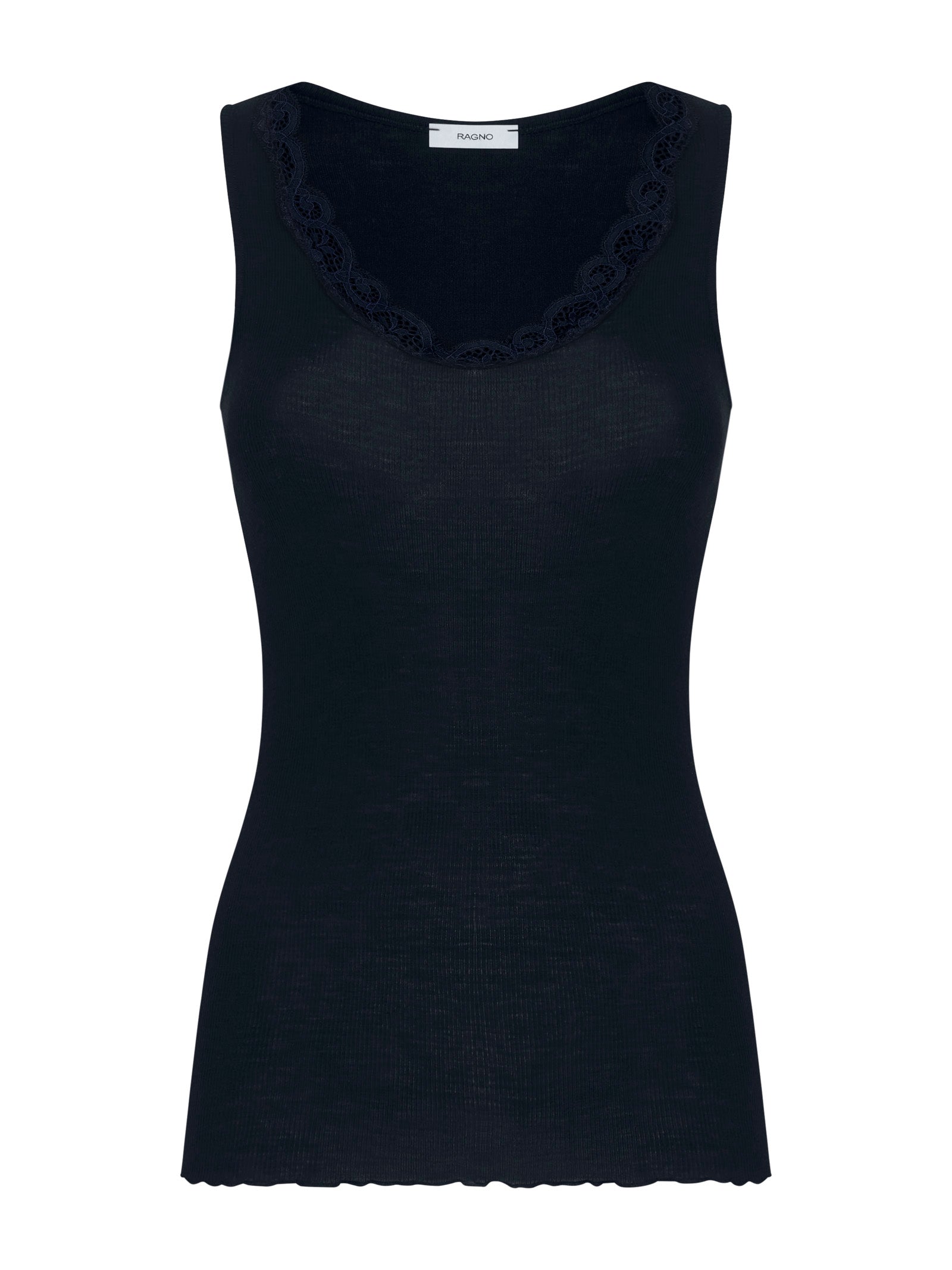 Lana Seta - Canottiera spalla larga in costina di lana e seta con pizzo Blu Donna - Ragno