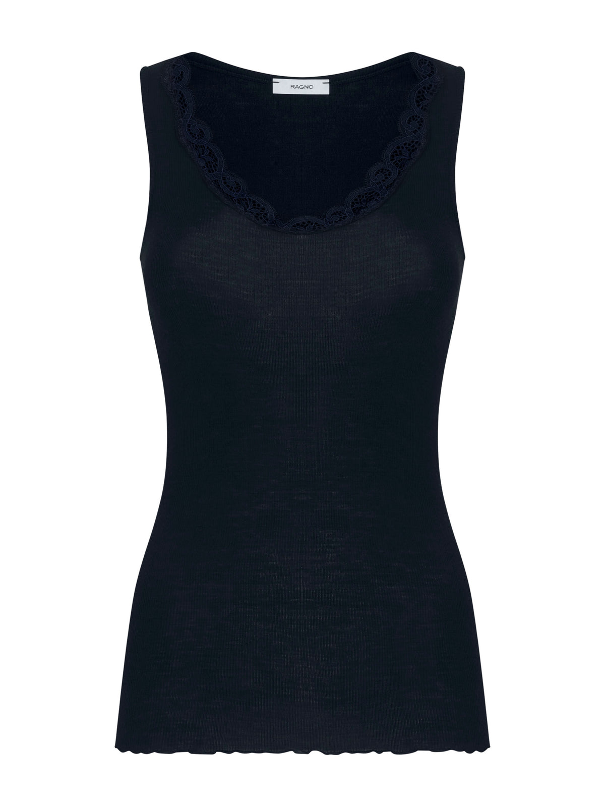 Lana Seta - Canottiera spalla larga in costina di lana e seta con pizzo Blu Donna - Ragno